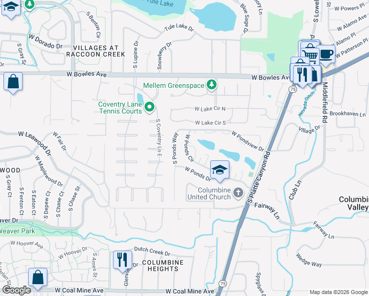 map of restaurants, bars, coffee shops, grocery stores, and more near 6186 South Ponds Way in Littleton