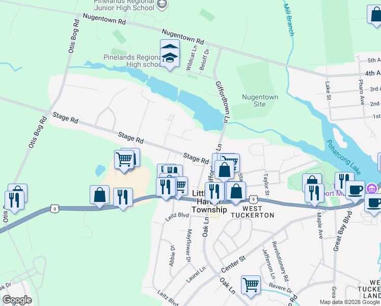 map of restaurants, bars, coffee shops, grocery stores, and more near 1 Sandy Court in Little Egg Harbor Township