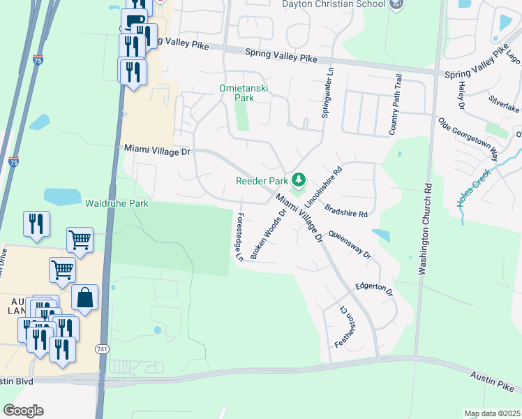 map of restaurants, bars, coffee shops, grocery stores, and more near 2600 Highland Village Lane in Miamisburg