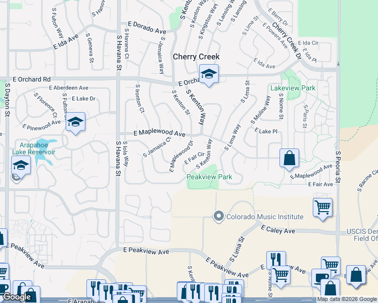 map of restaurants, bars, coffee shops, grocery stores, and more near 11081 East Fair Circle in Englewood