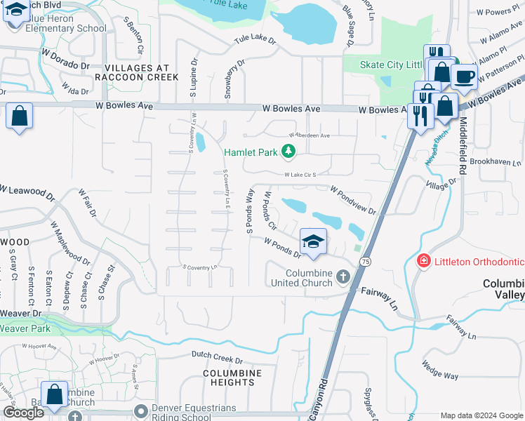 map of restaurants, bars, coffee shops, grocery stores, and more near 6186 South Ponds Way in Littleton