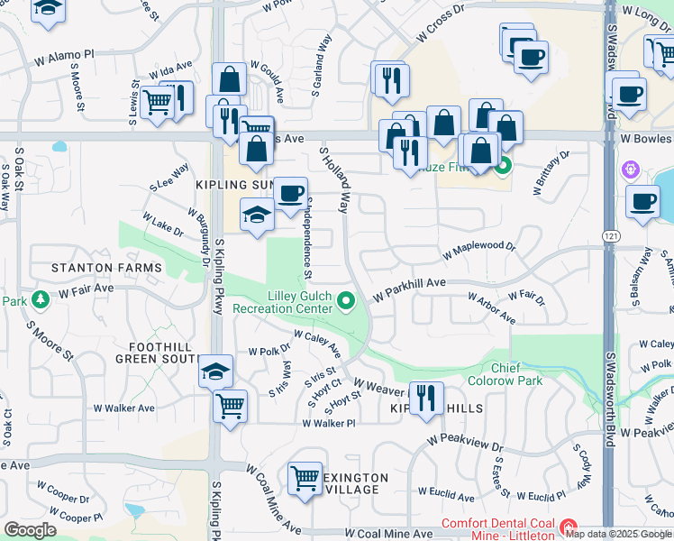 map of restaurants, bars, coffee shops, grocery stores, and more near 9559 West Maplewood Place in Littleton