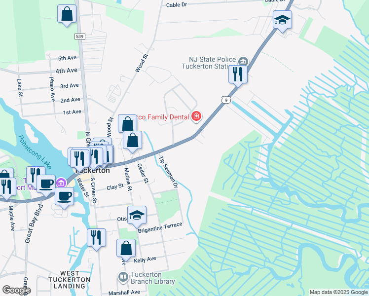 map of restaurants, bars, coffee shops, grocery stores, and more near 326 East Main Street in Tuckerton