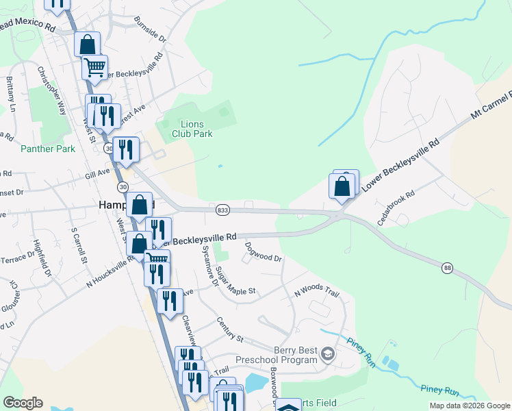 map of restaurants, bars, coffee shops, grocery stores, and more near 4312 Black Rock Road in Hampstead