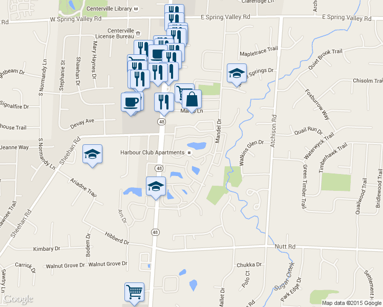 map of restaurants, bars, coffee shops, grocery stores, and more near 399 Sailboat Run in Dayton