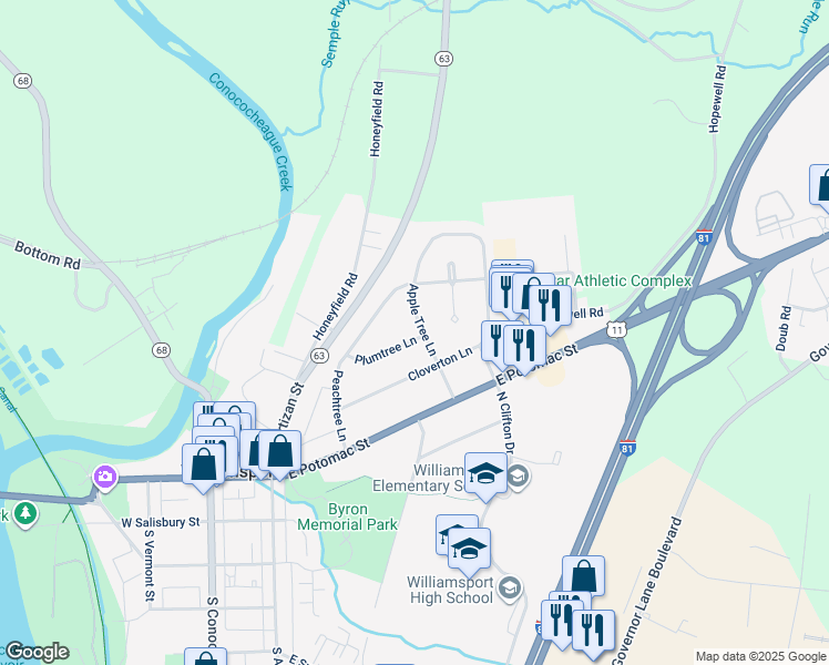 map of restaurants, bars, coffee shops, grocery stores, and more near 10602 Apple Tree Lane in Williamsport