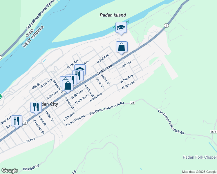 map of restaurants, bars, coffee shops, grocery stores, and more near 401-499 N 7th Ave in Paden City
