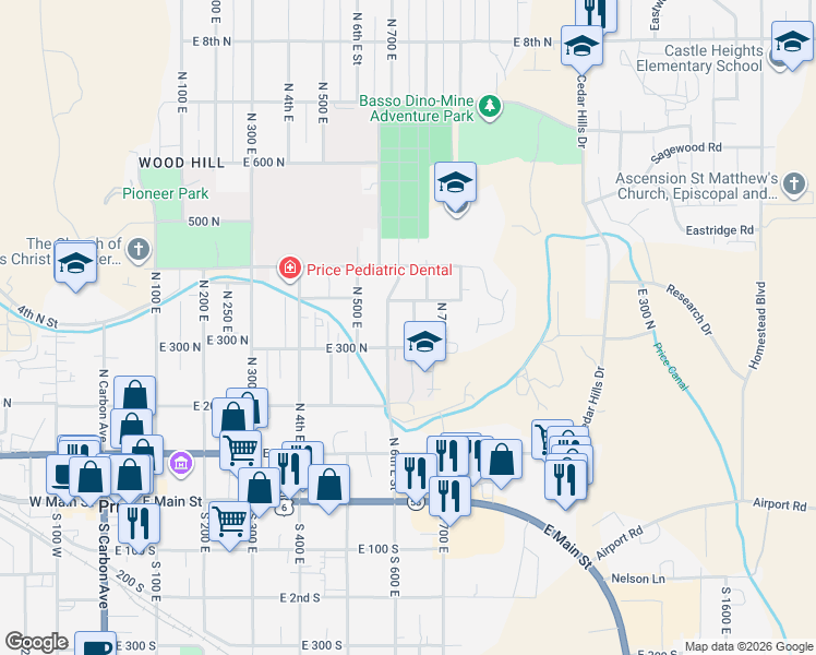 map of restaurants, bars, coffee shops, grocery stores, and more near 675 East 300 North in Price