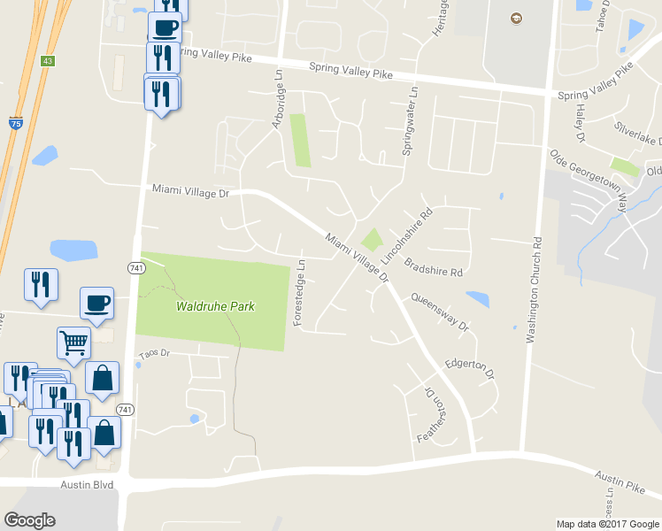 map of restaurants, bars, coffee shops, grocery stores, and more near 2600 Highland Village Lane in Miamisburg