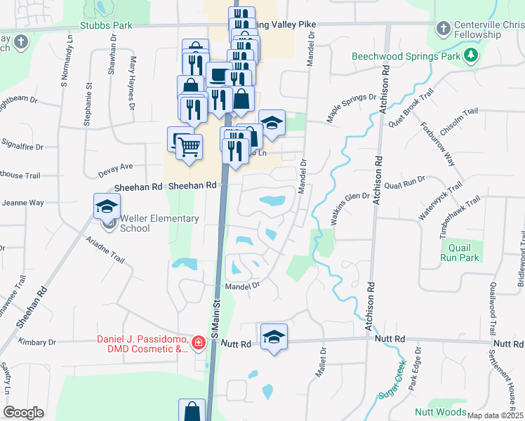 map of restaurants, bars, coffee shops, grocery stores, and more near 100 Sailboat Run in Dayton