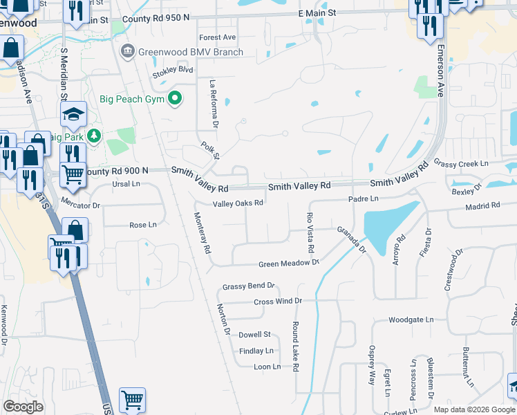 map of restaurants, bars, coffee shops, grocery stores, and more near 635 Valley Oaks Road in Greenwood