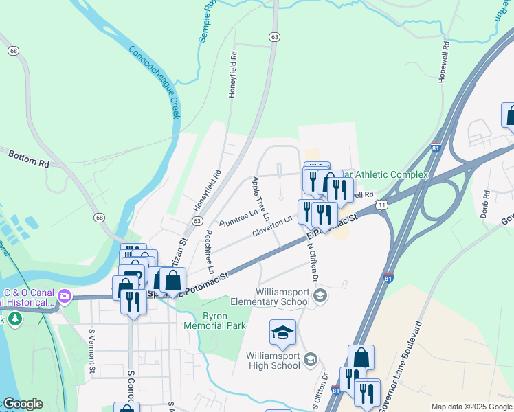 map of restaurants, bars, coffee shops, grocery stores, and more near 10602 Apple Tree Lane in Williamsport
