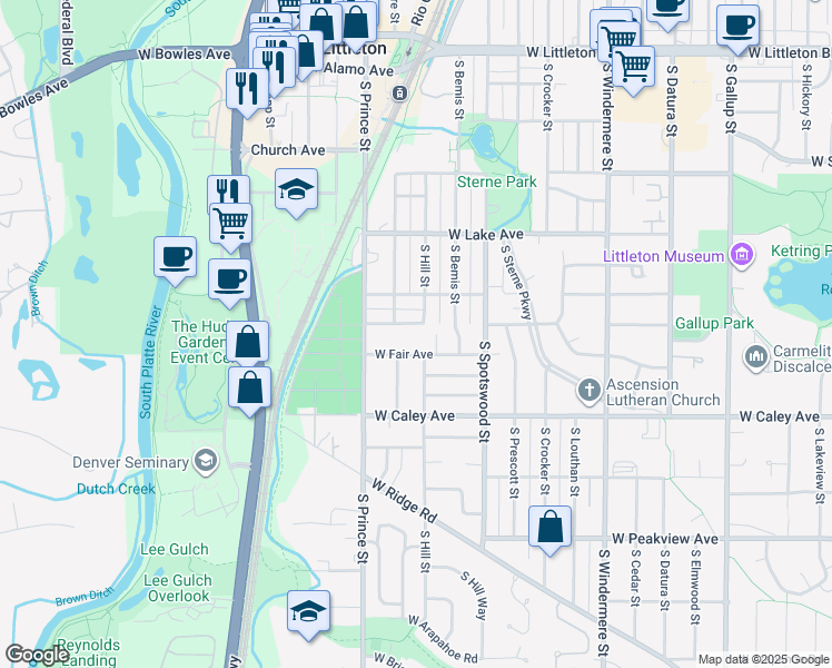 map of restaurants, bars, coffee shops, grocery stores, and more near 2224 West Parkhill Avenue in Littleton