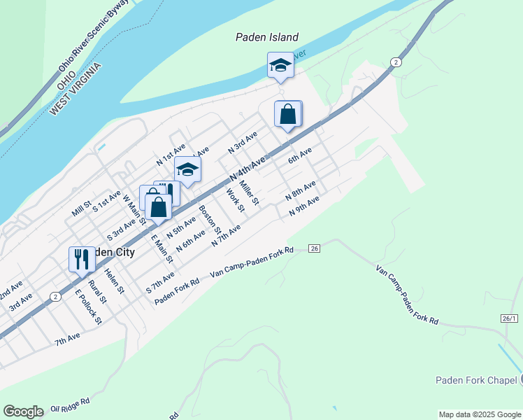 map of restaurants, bars, coffee shops, grocery stores, and more near 499 North 7th Avenue in Paden City