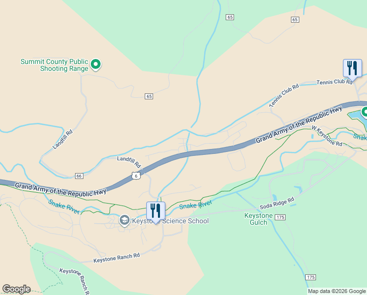 map of restaurants, bars, coffee shops, grocery stores, and more near 48 County Road 188 in Dillon