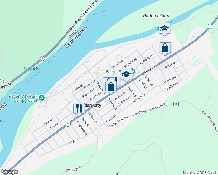 map of restaurants, bars, coffee shops, grocery stores, and more near 101 North 4th Avenue in Paden City