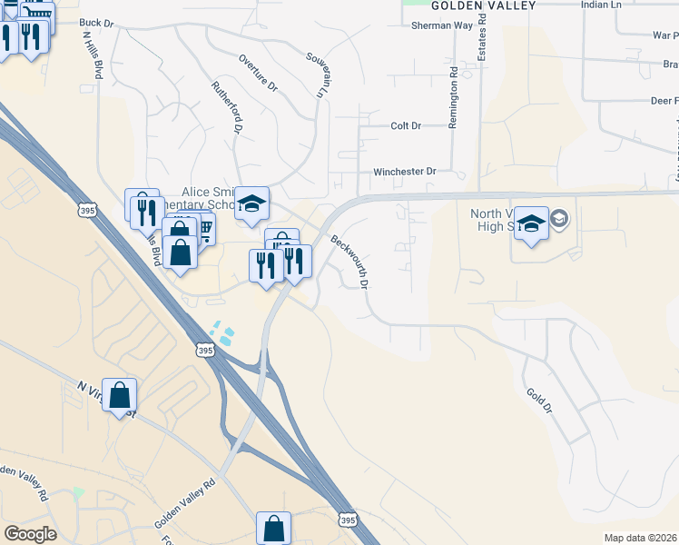 map of restaurants, bars, coffee shops, grocery stores, and more near 968 Golden West Road in Reno