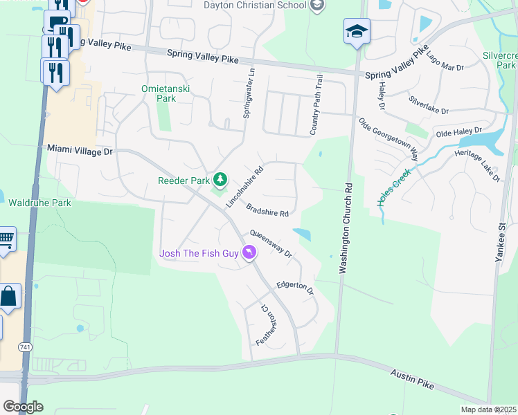 map of restaurants, bars, coffee shops, grocery stores, and more near 2433 Bradshire Road in Miamisburg