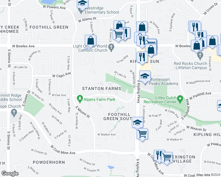 map of restaurants, bars, coffee shops, grocery stores, and more near 10389 West Fair Avenue in Littleton
