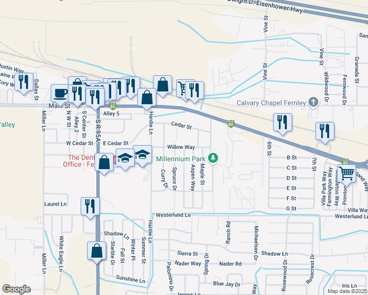 map of restaurants, bars, coffee shops, grocery stores, and more near Willow Way in Fernley