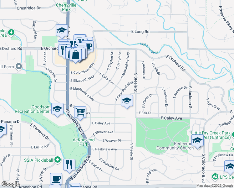 map of restaurants, bars, coffee shops, grocery stores, and more near 6077 South Saint Paul Way in Centennial