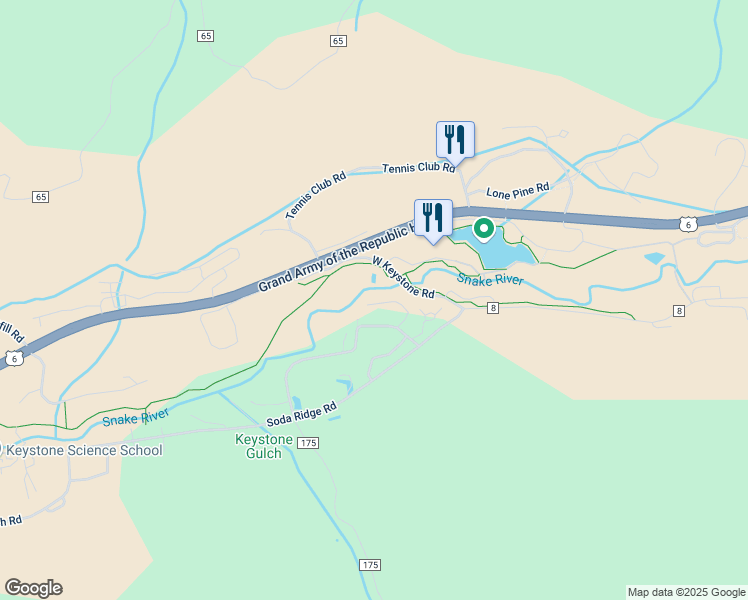 map of restaurants, bars, coffee shops, grocery stores, and more near 357 County Road 165 in Keystone