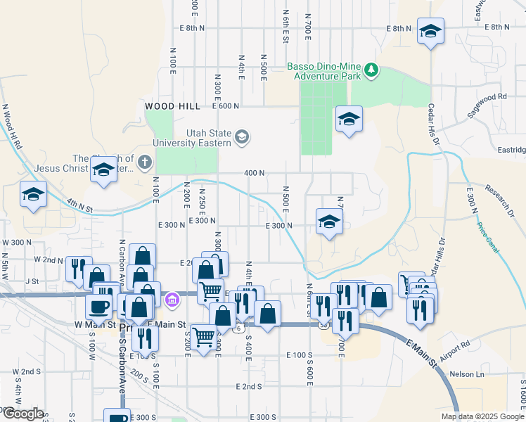 map of restaurants, bars, coffee shops, grocery stores, and more near 473 East 300 North in Price