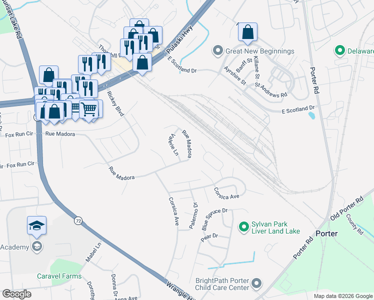 map of restaurants, bars, coffee shops, grocery stores, and more near 931 Rue Madora in Bear