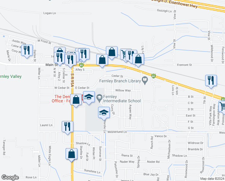 map of restaurants, bars, coffee shops, grocery stores, and more near Curry Drive in Fernley
