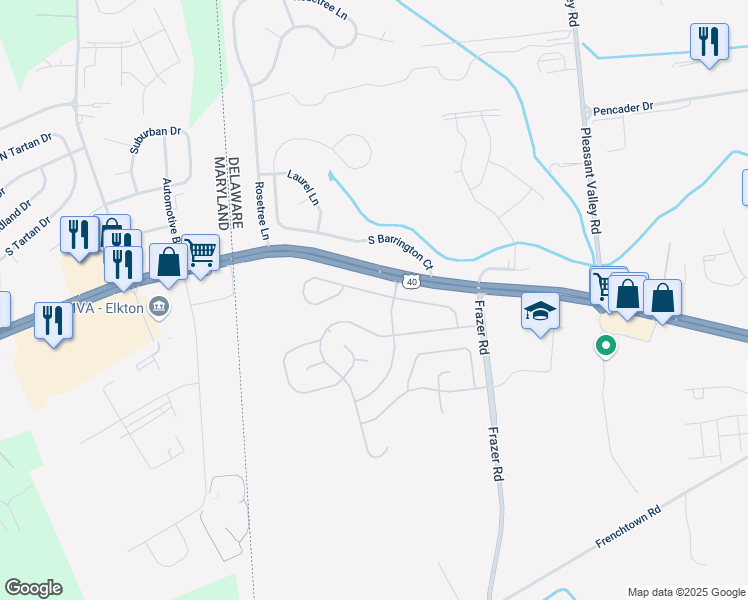 map of restaurants, bars, coffee shops, grocery stores, and more near 17 Versailles Court in Newark