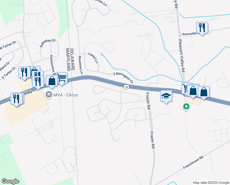 map of restaurants, bars, coffee shops, grocery stores, and more near 17 Versailles Court in Newark