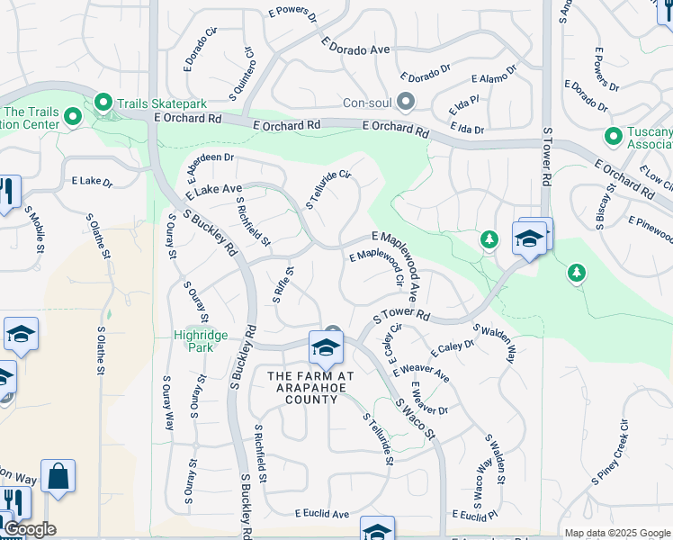 map of restaurants, bars, coffee shops, grocery stores, and more near 6135 South Telluride Street in Aurora