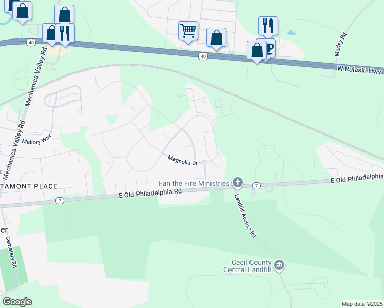 map of restaurants, bars, coffee shops, grocery stores, and more near 3 Goldspire Drive in Elkton