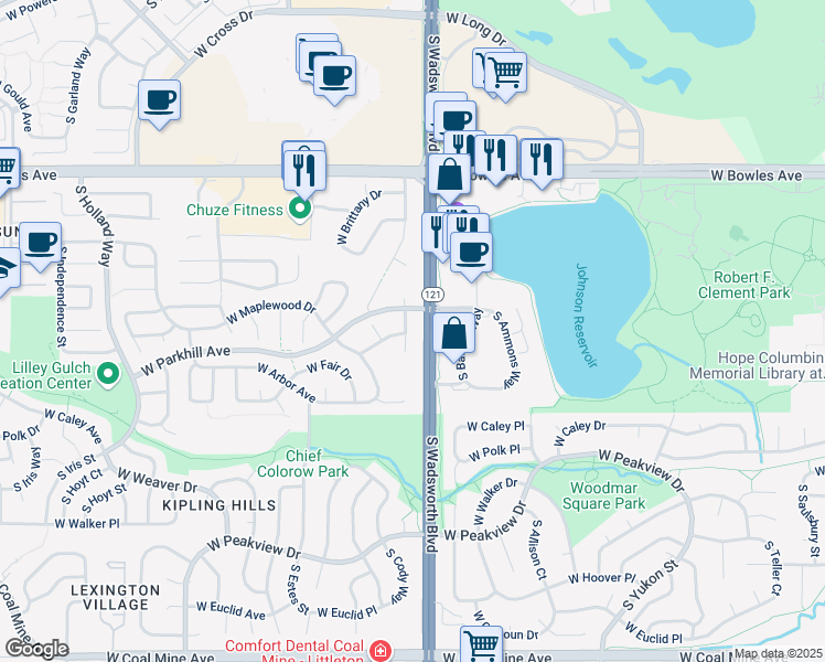 map of restaurants, bars, coffee shops, grocery stores, and more near 6218 South Carr Court in Littleton