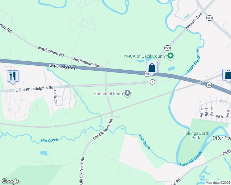 map of restaurants, bars, coffee shops, grocery stores, and more near 3490 Old Elk Neck Road in Elkton