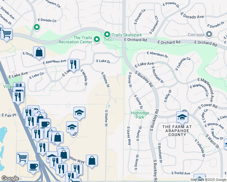 map of restaurants, bars, coffee shops, grocery stores, and more near 6160 South Olathe Street in Centennial