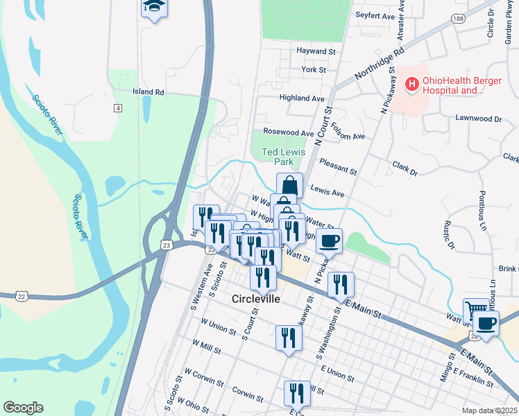map of restaurants, bars, coffee shops, grocery stores, and more near 141 West High Street in Circleville