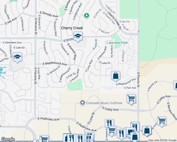 map of restaurants, bars, coffee shops, grocery stores, and more near 6132 South Lima Way in Englewood