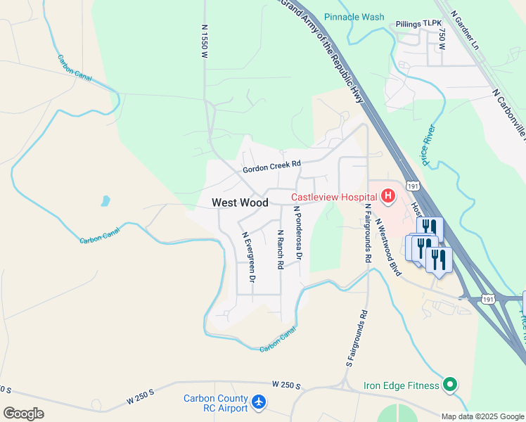 map of restaurants, bars, coffee shops, grocery stores, and more near 1335 West Evergreen Drive in Price