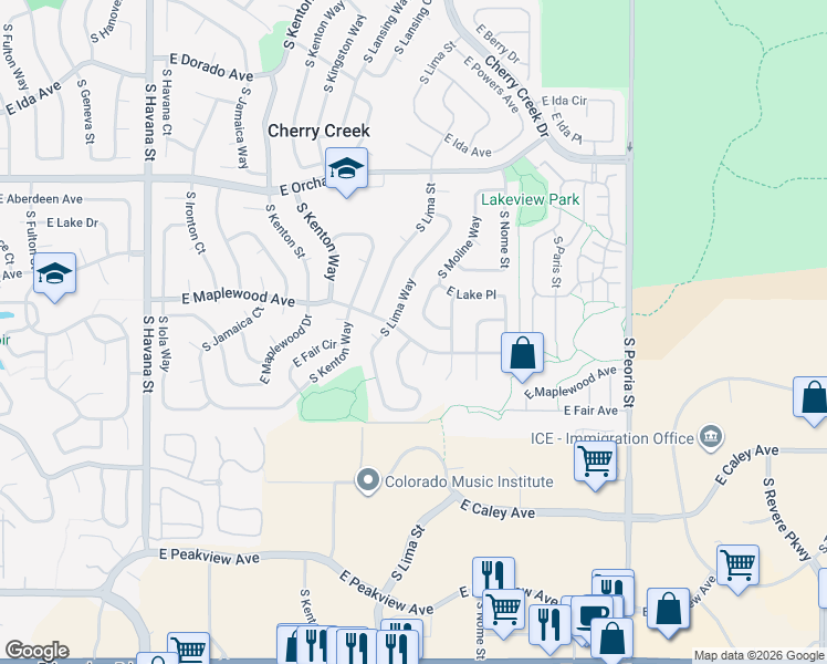 map of restaurants, bars, coffee shops, grocery stores, and more near 11401 East Maplewood Avenue in Englewood