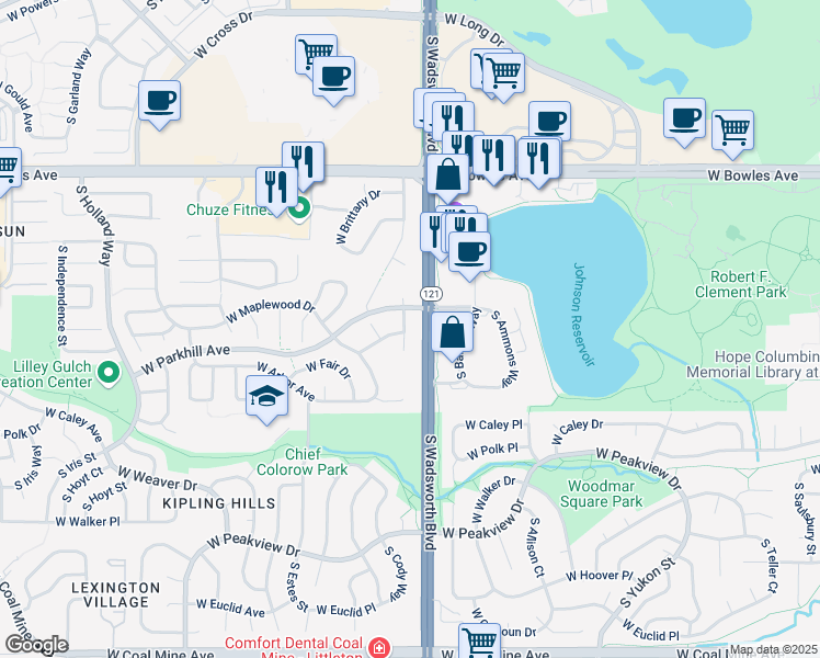 map of restaurants, bars, coffee shops, grocery stores, and more near 6218 South Carr Court in Littleton