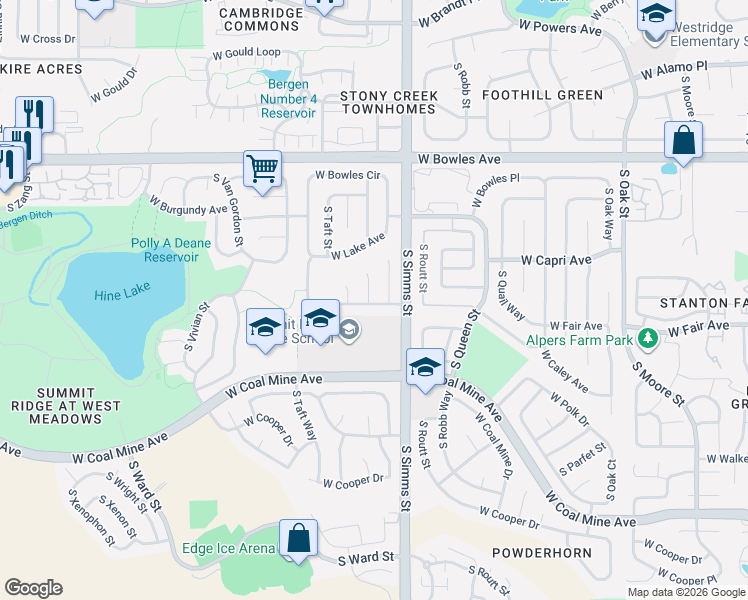 map of restaurants, bars, coffee shops, grocery stores, and more near 11746 West Maplewood Avenue in Littleton
