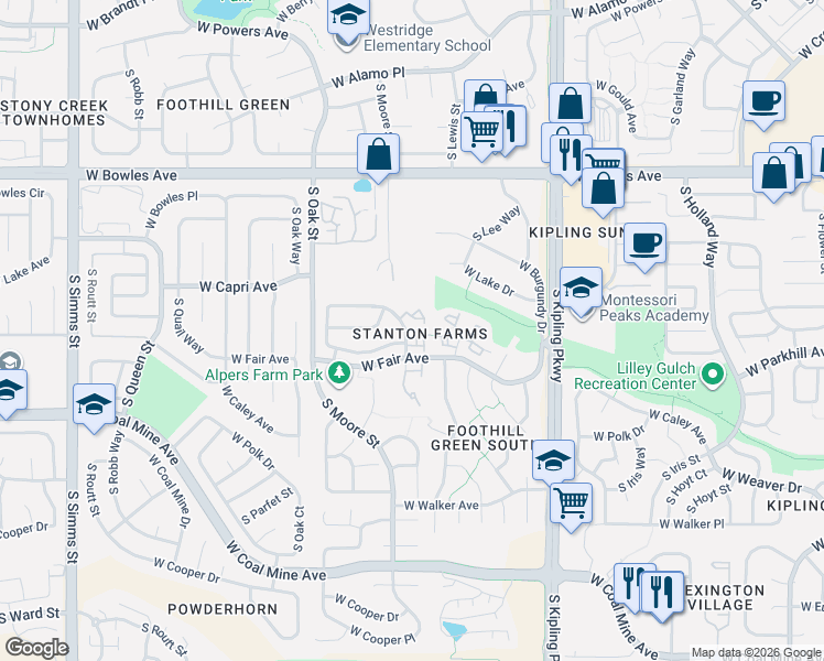 map of restaurants, bars, coffee shops, grocery stores, and more near 10507 West Maplewood Drive in Littleton