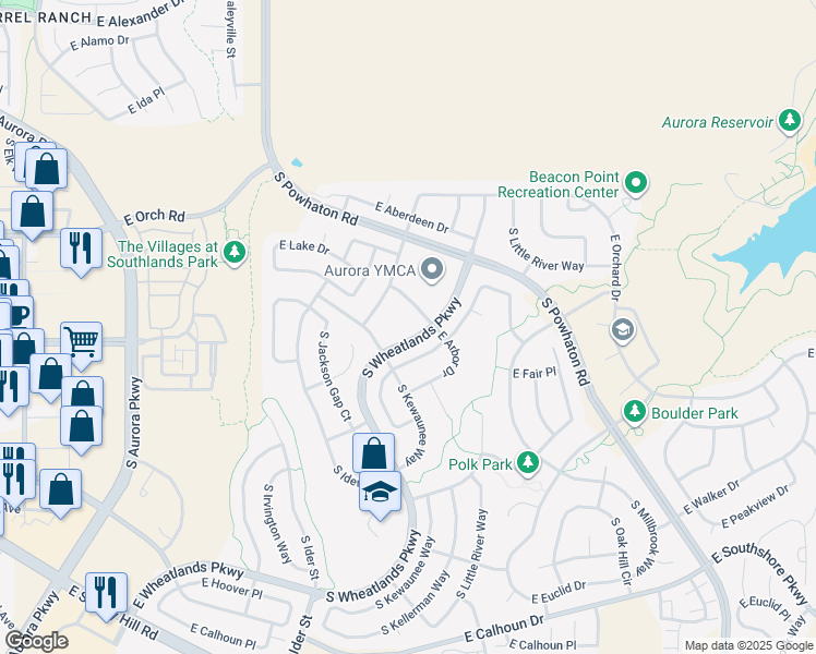 map of restaurants, bars, coffee shops, grocery stores, and more near 6171 South Wheatlands Parkway in Aurora