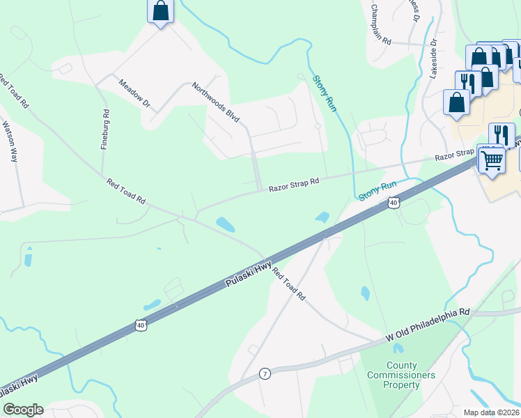 map of restaurants, bars, coffee shops, grocery stores, and more near 128 Razor Strap Road in North East