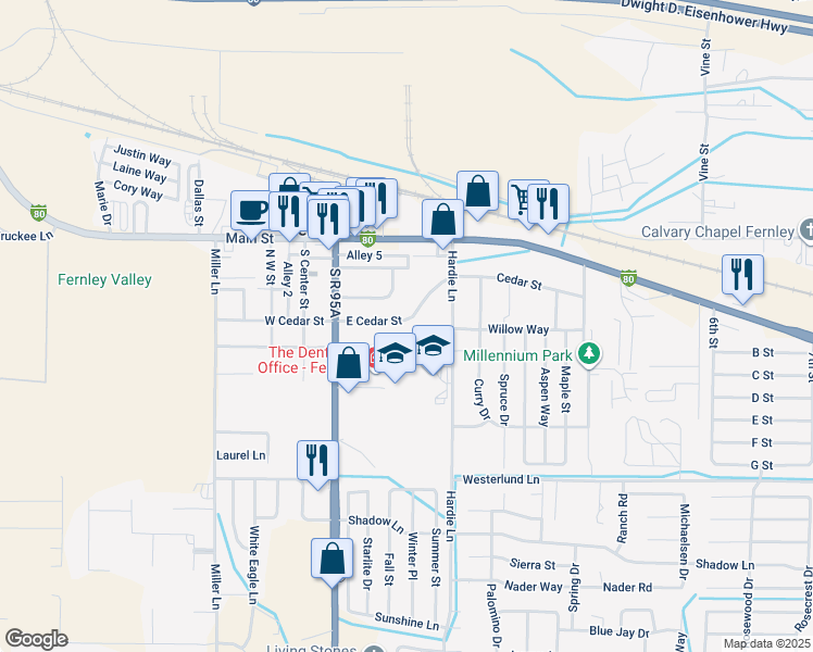 map of restaurants, bars, coffee shops, grocery stores, and more near 155 East Cedar Street in Fernley