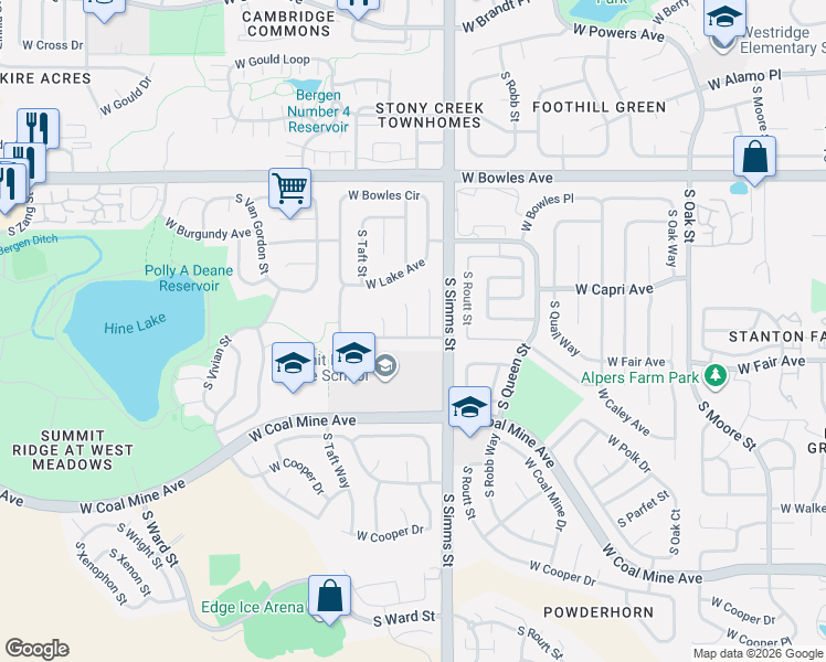 map of restaurants, bars, coffee shops, grocery stores, and more near 11746 West Maplewood Avenue in Littleton