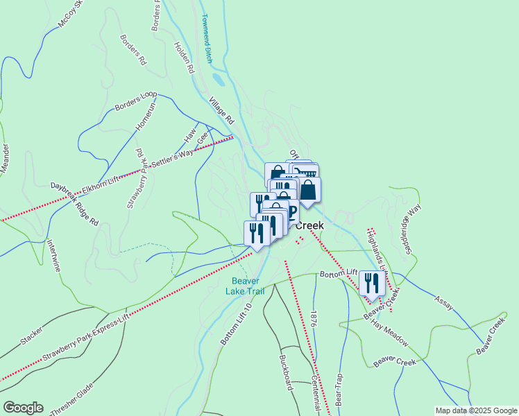 map of restaurants, bars, coffee shops, grocery stores, and more near 40 Avondale Lane in Beaver Creek