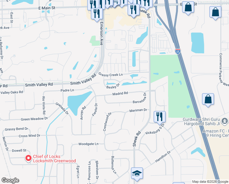 map of restaurants, bars, coffee shops, grocery stores, and more near 1085 Madrid Road in Greenwood
