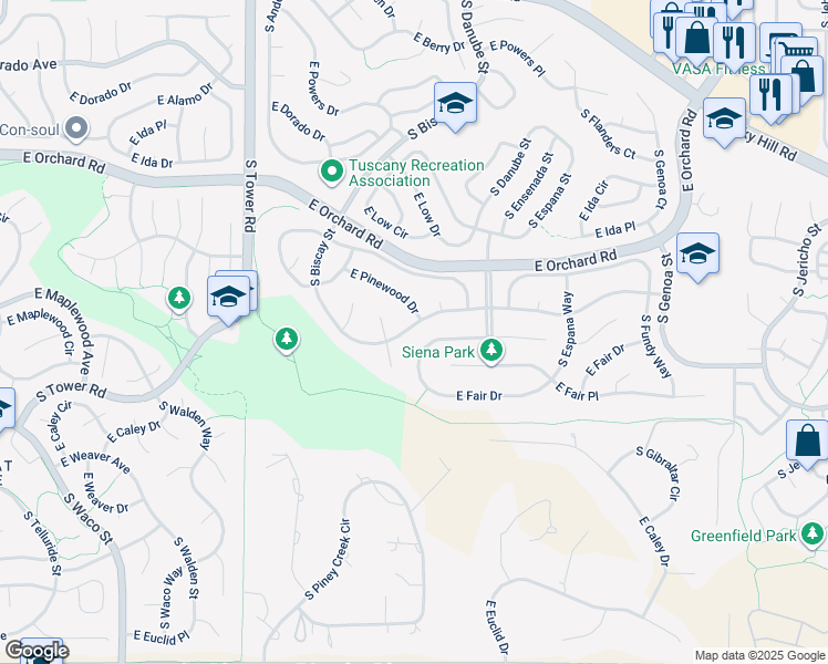 map of restaurants, bars, coffee shops, grocery stores, and more near 19128 East Maplewood Avenue in Aurora